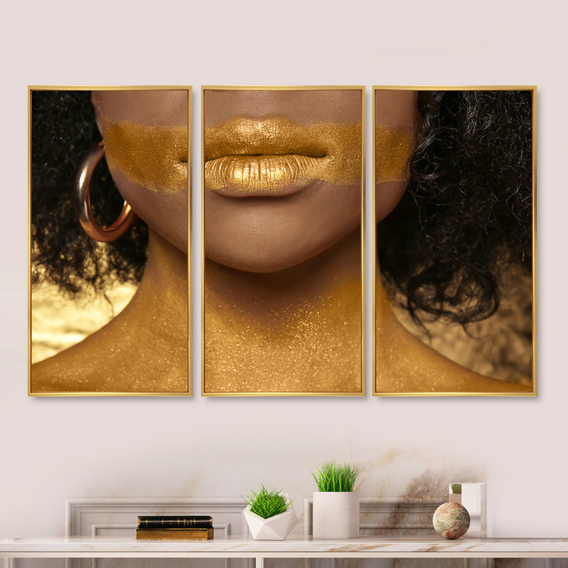 Femme afro-américaine avec peinture dorée sur corps - ensemble d'art moderne sur toile encadrée moderne de 3, Cadre doré