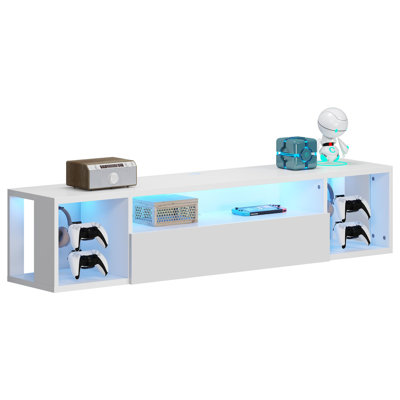 55" White Gaming TV Console Stand With LED Lights, Storage Cabinet, And Headphone/Controller Hooks | Gift Idea