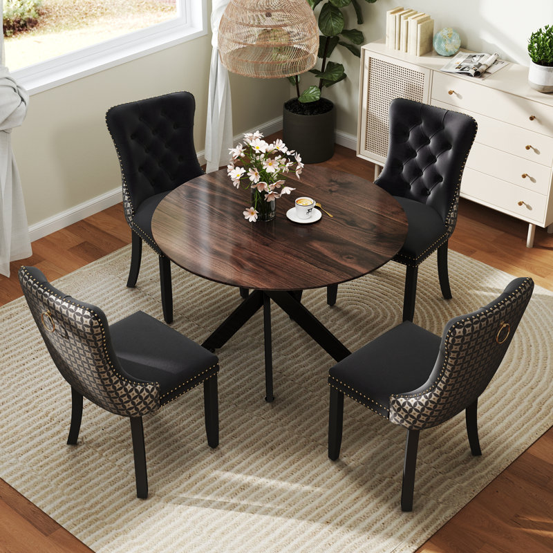 Round Wood Dining Set with Tufted Dining Chair, 5, Beige, Brown/Black
