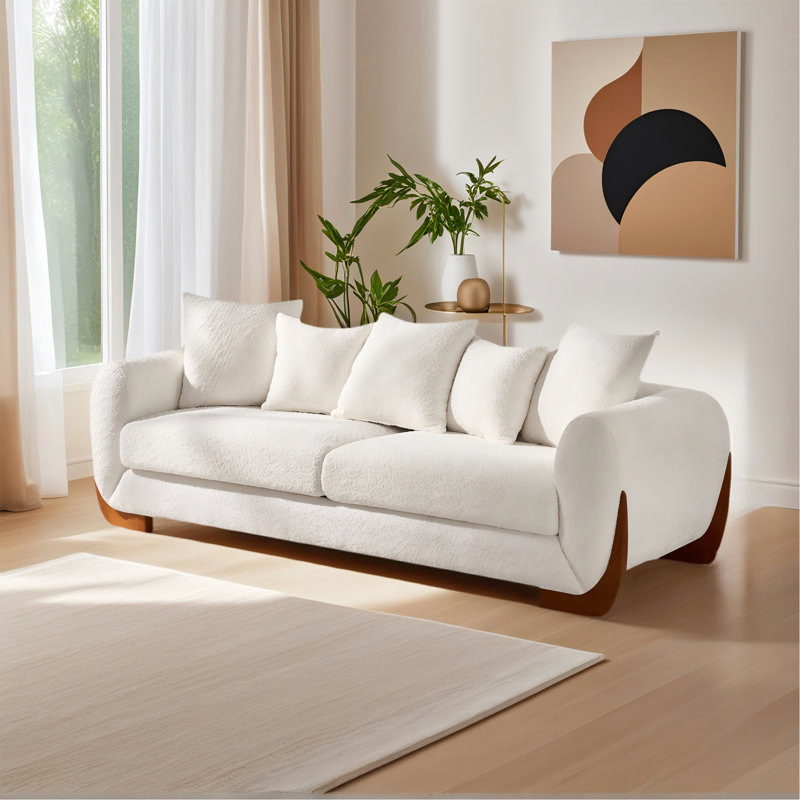 Canapé 3 places moderne et élégant avec pieds en bois et 5 coussins confortables en laine d'agneau, Beige