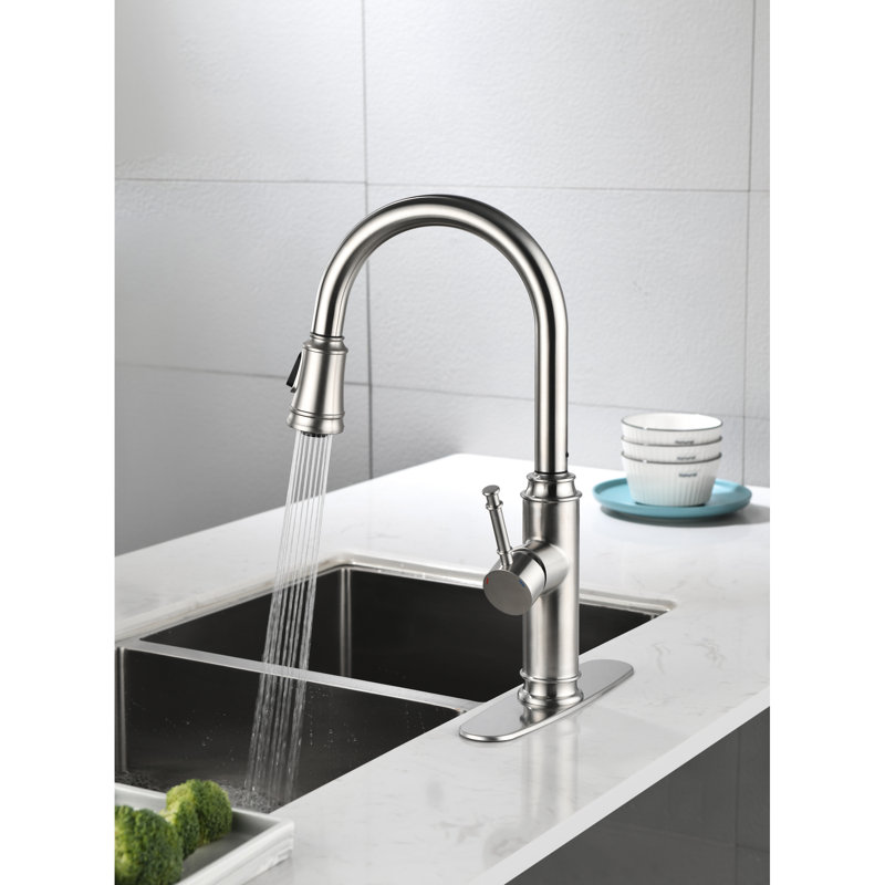 360 Rotating Kitchen Tap, Brushed Nickel Appearance High Arc Pull Down Sink Faucet, Rotatable Nozzle