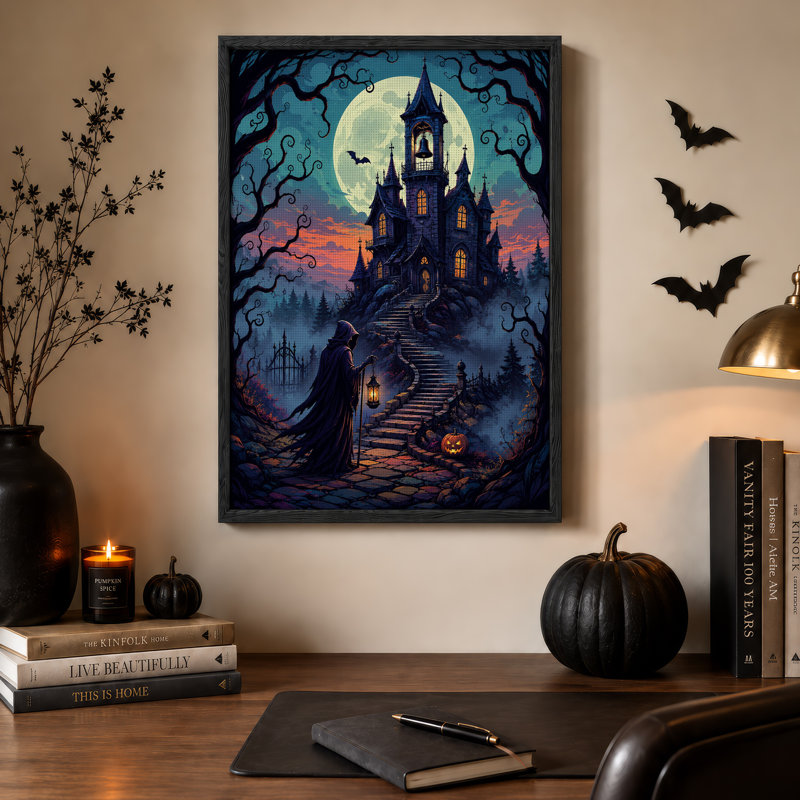 Impression sur toile, "Château gothique sous la pleine lune", 48"H x 32"W
