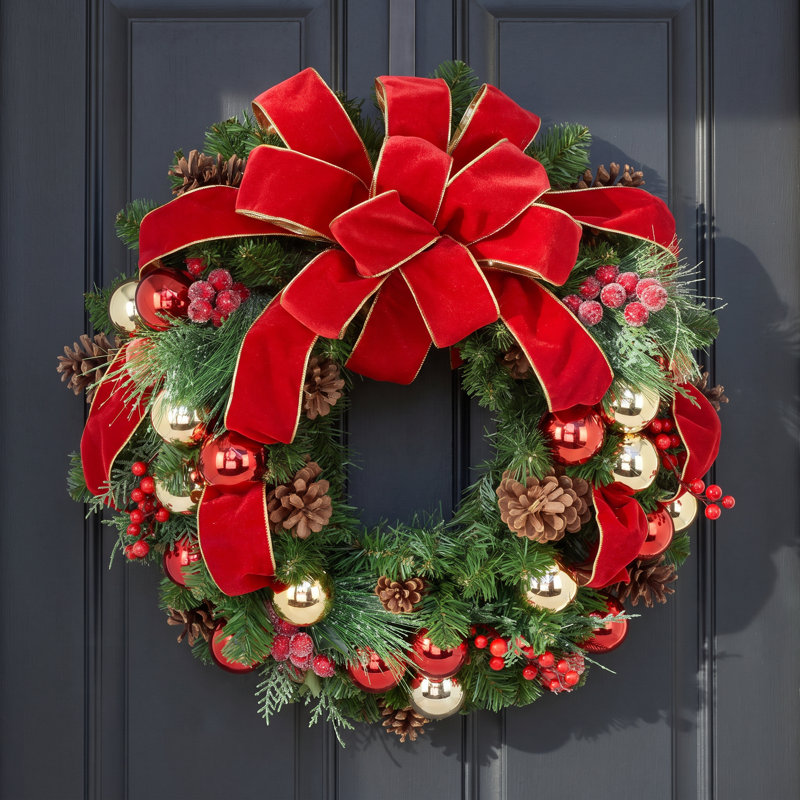 26"Evergreen Wreath With Berries, Balls, Cones And Red Bow