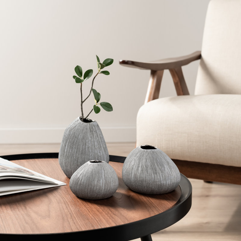 Pebble Grove Textured Grey Ceramic Bud Vase Set of 3 with Silver Rim