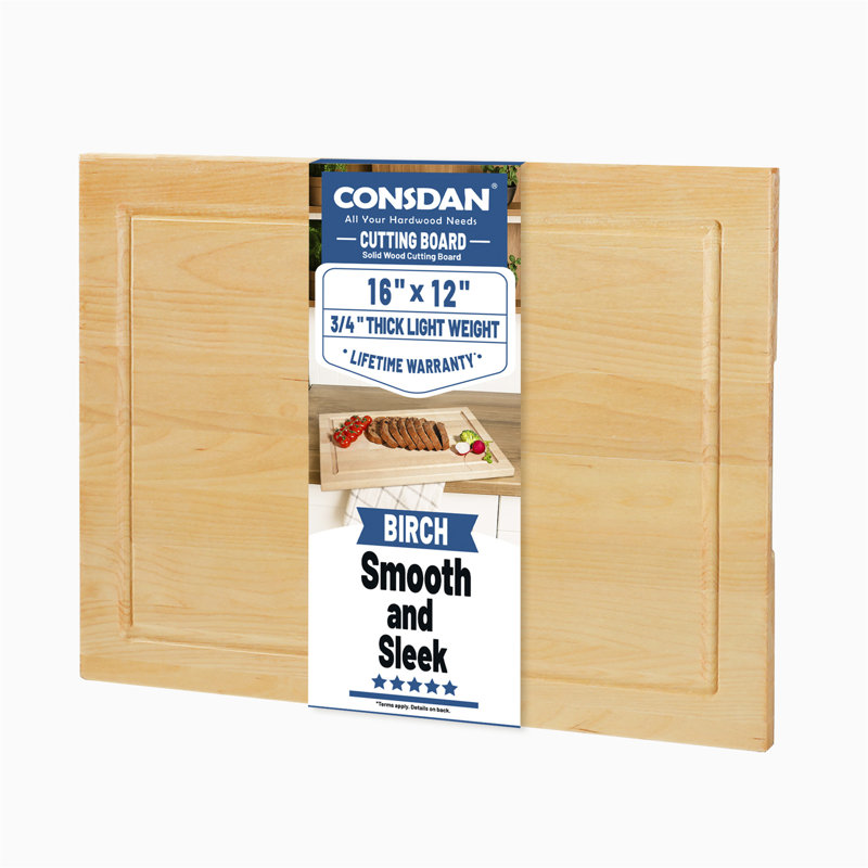 CONSDAN Wood Cutting Board for Kitchen, 16 x 12, Soild Birch Wood, Edge Grain, Chopping Board, Butcher Block with Juice Groove, Prefinished with Food-Safe Oil, 3/4'' Thick