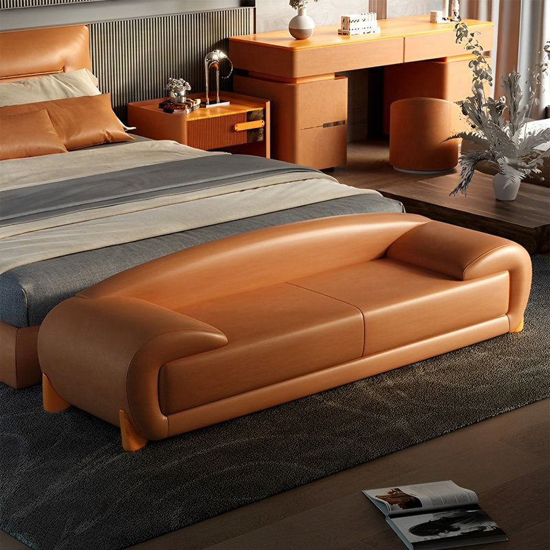 Banc rembourré en cuir véritable Nevaehmarie, H 19,68 po x l 70,86 po x P 19,68 po, Orange