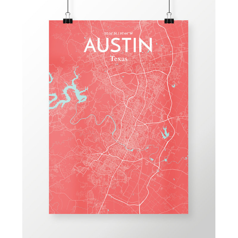 Austin City Map - No Frame Print, 50.8cm H x 40.6cm W x 0.13cm D, Pink