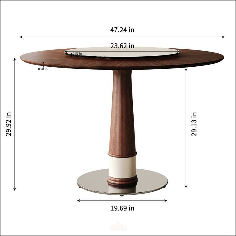 Table de salle à manger en bois massif de 47 pouces avec plateau tournant en verre trempé, base en acier inoxydable pour un style rétro et polyvalent