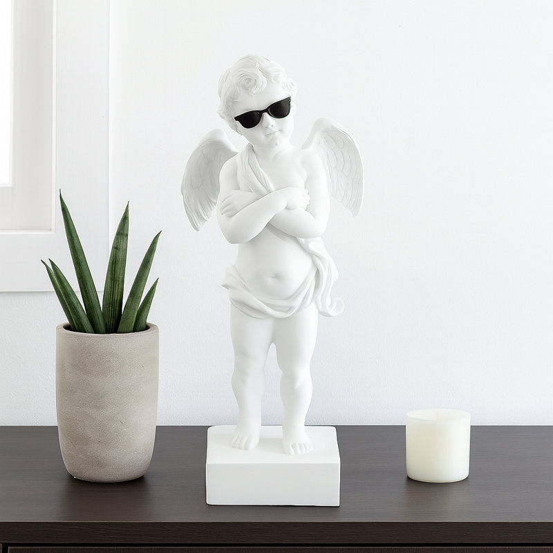 Figurine Resin Angel with Sunglasses Contemporary Home Office Bedroom Living Room Tabletop Decor - 11" White