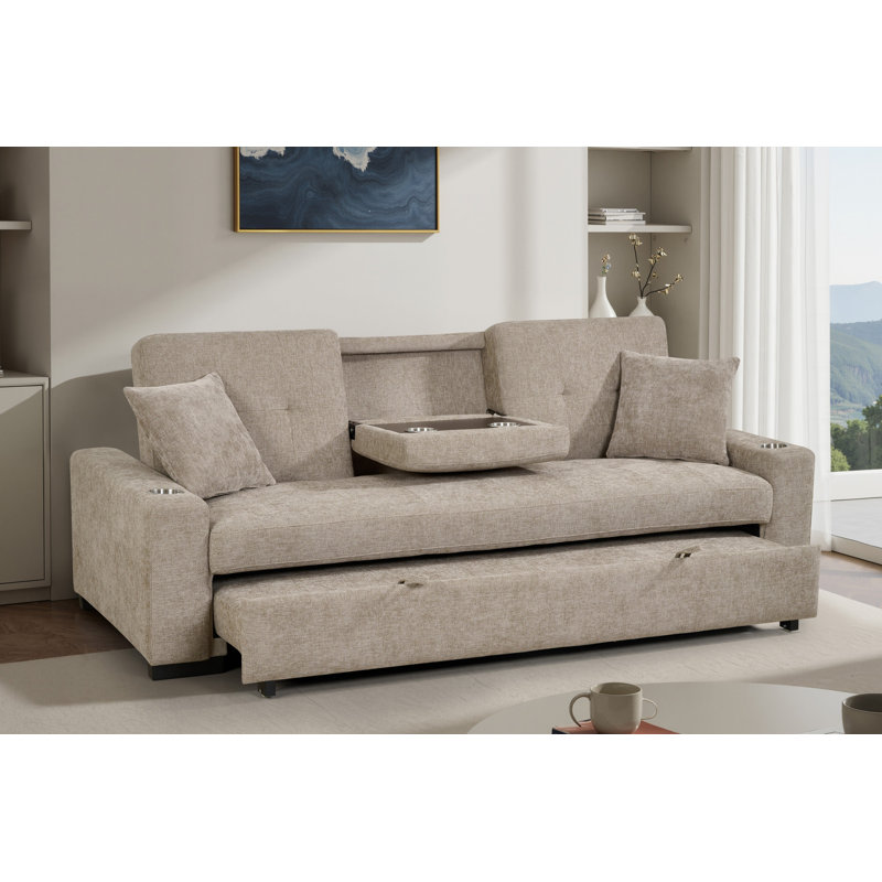 3 Seater Sofa Bed, Beige Chenille