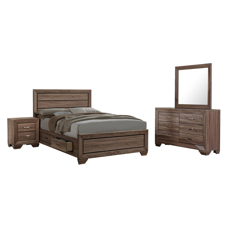 Ensemble de chambre à coucher, Très grand californien, Brun, Quatre pièces : lit, table de chevet, commode et