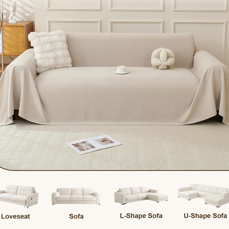 Box Cushion Sofa Slipcover, Polyester - Beige