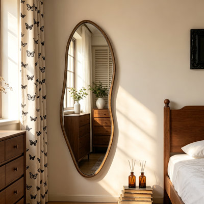 Irregular Full‑Size Full‑Length Mirror, 65" x 22" Walnut Wood Full Body Mirror, HD Shatter‑Resistant Large Asymmetrical Wall Mirror, Vertical & Horizontal Mount for Decor, Bedroom, Living Room, Entryway, Cloakroom