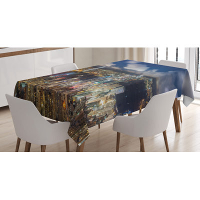 Ambesonne Cityscape Tablecloth, Night View Hong Kong Victoria Harbor Business Financial District Cityscape Print, Rectangular Table Cover For Dining Room Kitchen Decor, 52" X 70", Navy White