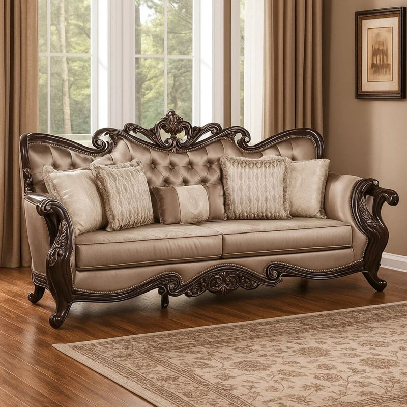 Canapé Aboi avec 5 coussins, velours brun, bois de cerisier foncé sculpté, 95 pouces, Brun, Brun cerisier