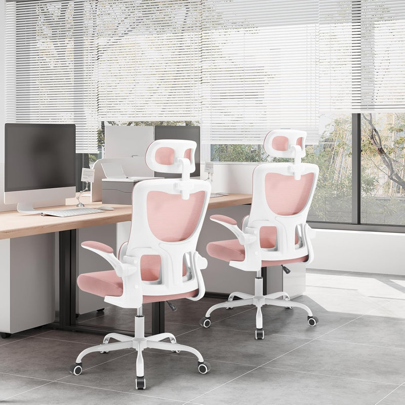 Geralde Office Chair with Headrest, White, Pink