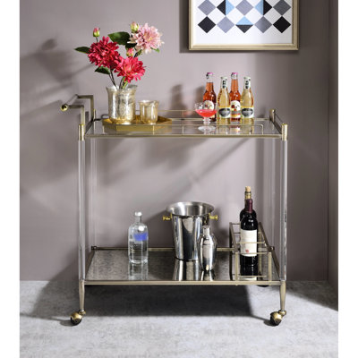 Graham Serving Cart With Antique Mirror - Brass Accents, Spacious Shelves, Tempered Glass, Wine Holder, Metal Frame, For Mobility, Effortless Assembly