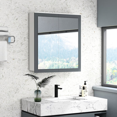 Armoire de rangement 27 po x 30 po avec miroir et portes, blanc. Portes doubles et 2 tablettes réglables. Miroirs avant pour une préparation rapide. Efficacité de l'espace mural. . L 27,25 po x P 6,75 po H 29,75 po