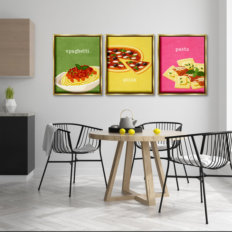 Ensemble de 3 cadres de cuisine italienne par Kim Allen, H 21 po x l 17 po, Cadre flottant métallique doré