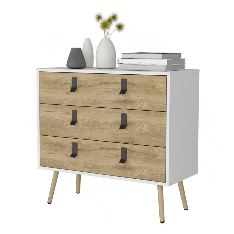 Commode 3 tiroirs blanche et macadamia, Blanc/naturel