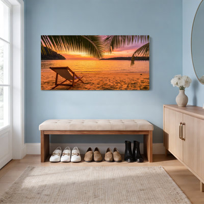 Tropical Sunset Beach Scene With Palm Trees And Lounge Chair Canvas Wrapped Wall Art Set Of 1