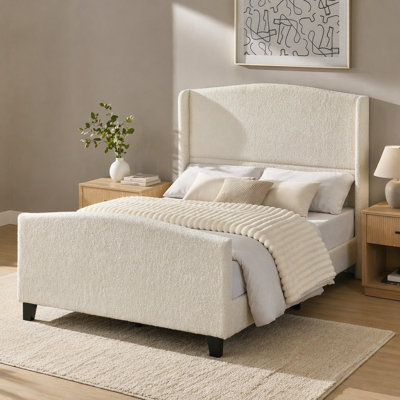 Structure de lit simple avec tête de lit tapissier à dossier haut de 49,21 po et pied de lit de 27,17 po de hauteur, velours en peluche, support à 12 lattes, pieds en bois massif, aucun sommier tapissier requis (beige)