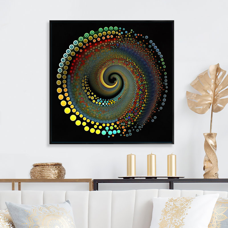 Iridiscdent pointillism spiral sur toile, H 16 po x l 16 po x P 1 po, Cadre flottant noir