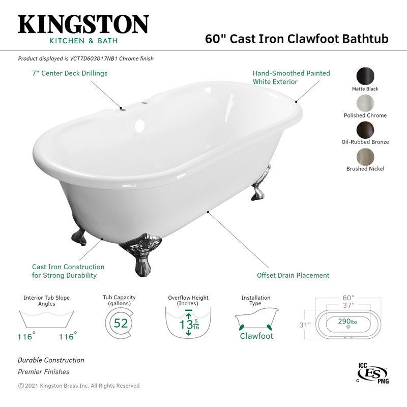 Kingston Brass Aqua Eden 60-Inch Cast Iron Oval Double Ended Clawfoot Tub (7-Inch Faucet Drillings), Polished Chrome