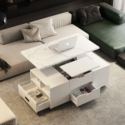 Table basse extensible avec rangement et 2 tabourets pour le salon, construction moderne, 45,91 po de profondeur, 23,62 de largeur, 18,75 de hauteur, tabourets relevables et coussins, tiroirs blancs,