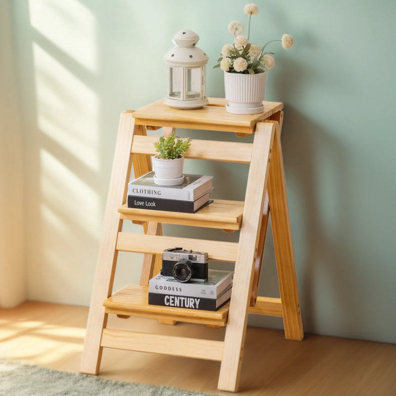 Escabeau pliable en bois avec tablette, capacité de 330 lb, coussins antidérapants pour le rangement de la cuisine, du jardin et de l'affichage décoratif