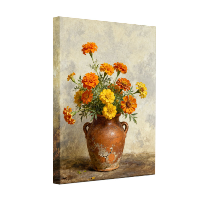 Plantes et fleurs, arrangement floral dans un vase rustique sur toile, H 30 po x l 20 po