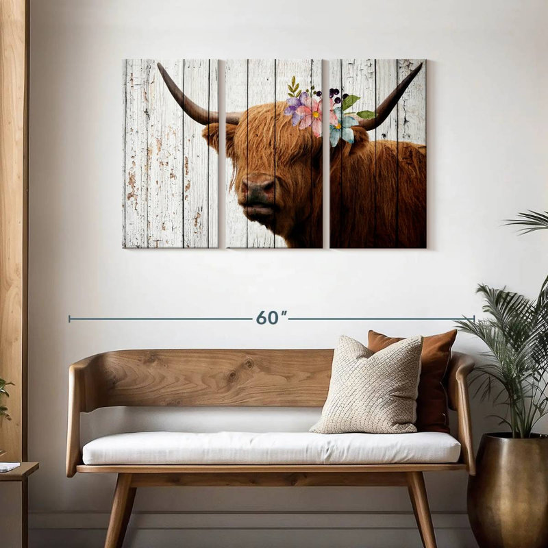Brampt Wooden Floral Highland Cattle, 28" H x 45" W