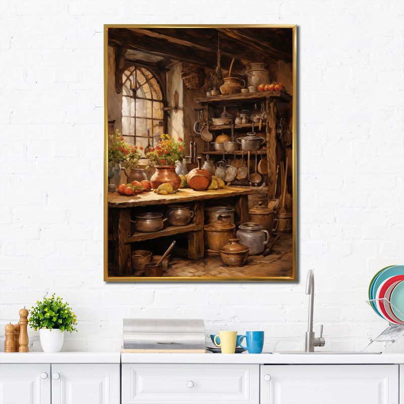 Cuisine rustique alimentaire II - nourriture, art mural, H 32 po x l 24 po x P 1 po, Cadre flottant doré