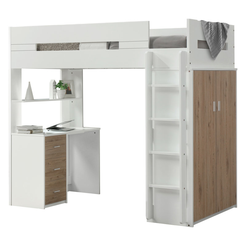 Mykonos Twin Loft Bed with Storage in White and Oak, Oak