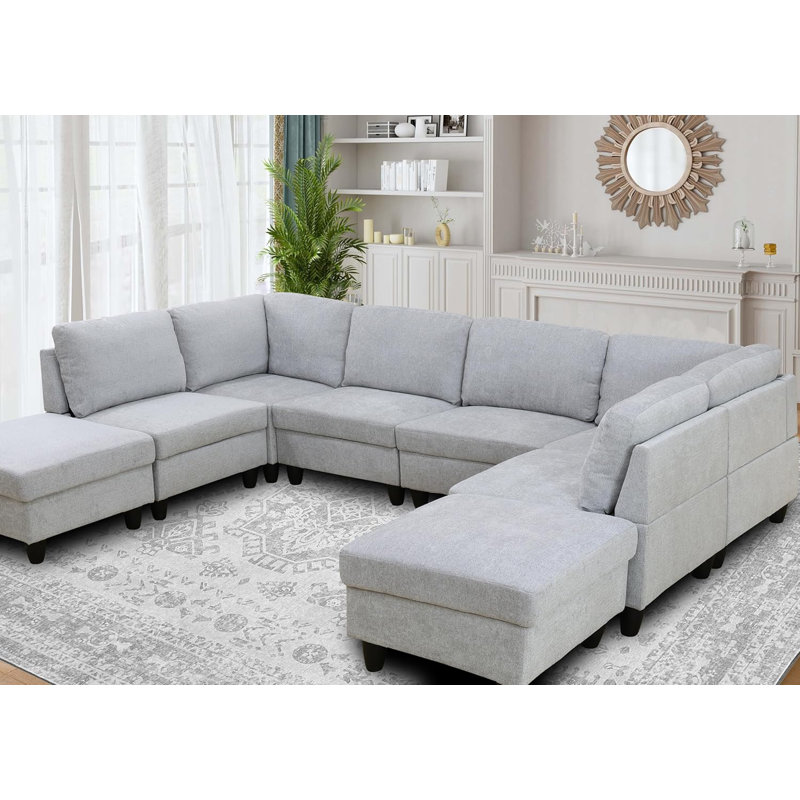 Canapé modulaire symétrique avec repose-pieds 8 pièces Brayleigh, Flanelle gris tourterelle