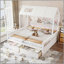Lit plateforme simple double avec tablettes de rangement et tiroirs, lit plateforme avec lattes de soutien, conception enfantine et maisonnette, blanc-129230764