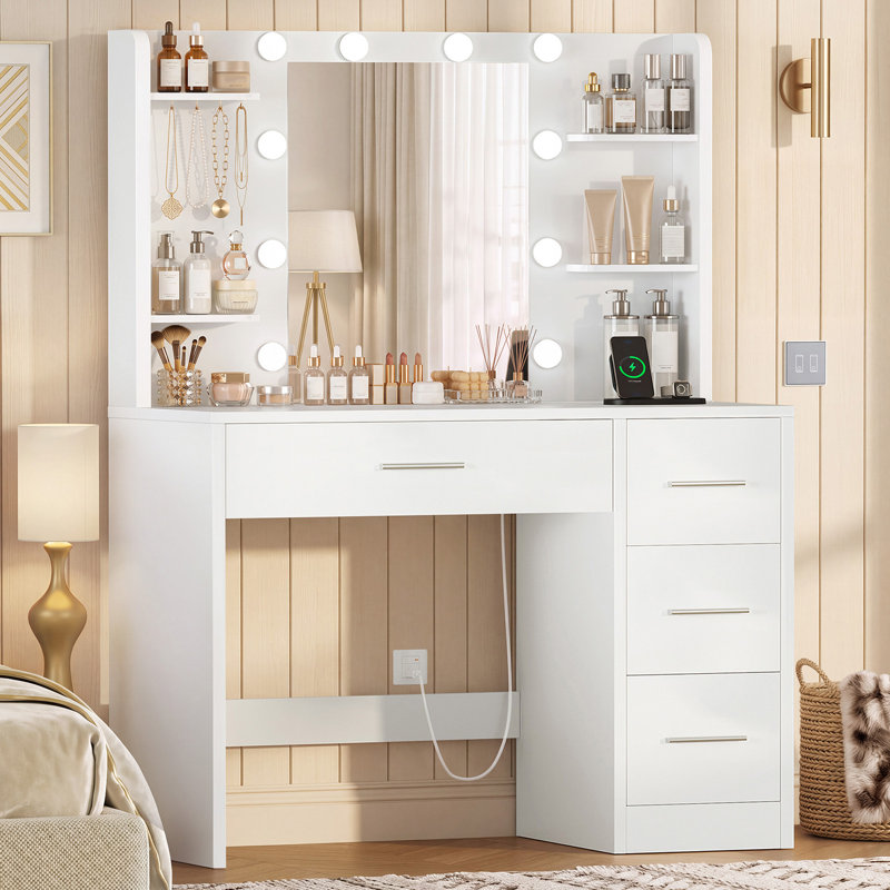 Makeup Vanity Table with LED Lighted Mirror, Charging Station,  4 Drawers, Makeup Vanity Desk for Bedroom, White