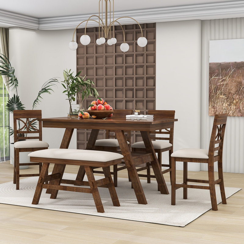 Damu 6 - Piece Dining Set, Dining Table with Storage Shelf and Bench and 4 Chairs, Walnut, Walnut