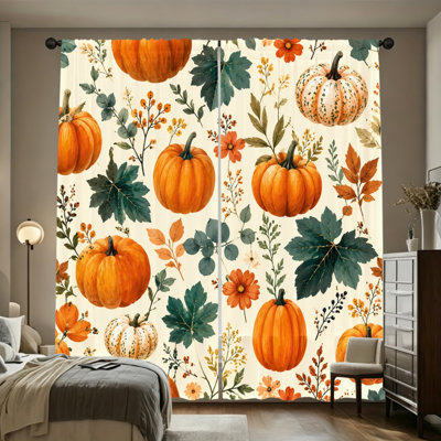 2PCS Autumn Harvest Pumpkin Floral Pattern Light Filtering Curtains, Classic Farmhouse Fall Theme, Comfortable Warm Home Accent, Rod Pocket Easy Hang Design, All-Season for Living Room, Bedroom, Study Room