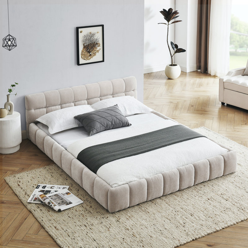 Structure de lit rembourrée avec tissu épais, Beige, Grand lit