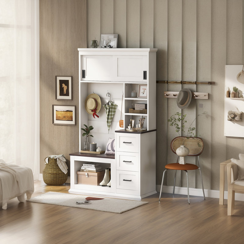 Arbre d'entrée 40,2 "avec banc de rangement, tablettes et tiroirs, Blanc