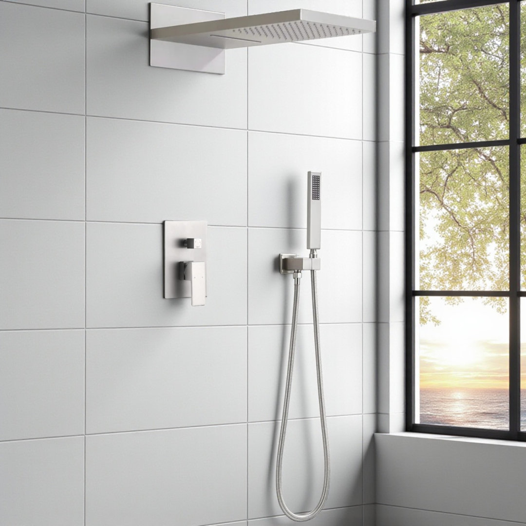 High-End Modern Luxury 3-Function Shower Faucet Set, Complete Shower System with 22" x 9" Waterfall & Rainfall Shower Head, Handheld Shower and Pressure Balancing Valve KISRAIS 
