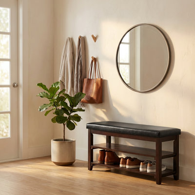 40" Solid Wood Shoe Bench with Cushion, 2-Tier Entryway Storage Bench