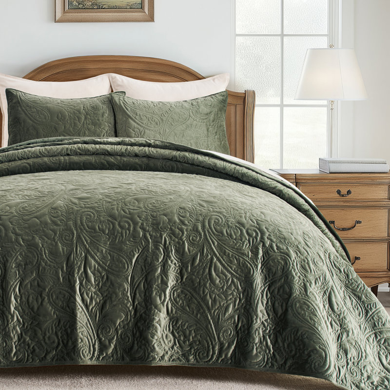 PearlVelvet Paisley Stitch Quilt set, King Quilt + 2 Standard Shams, Ivory White
