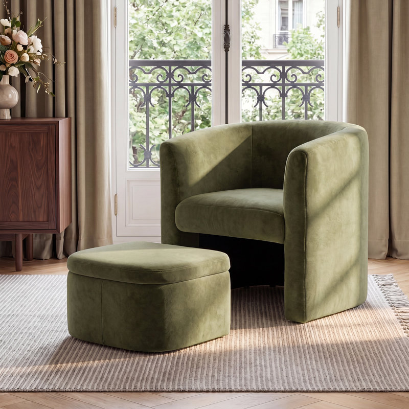 Braedin Upholstered With Footstool Barrel Chair, Green Velvet