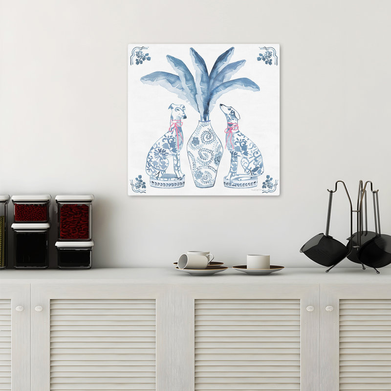 Chinoiserie Dogs I, art contemporain, H 18 po x l 18 po