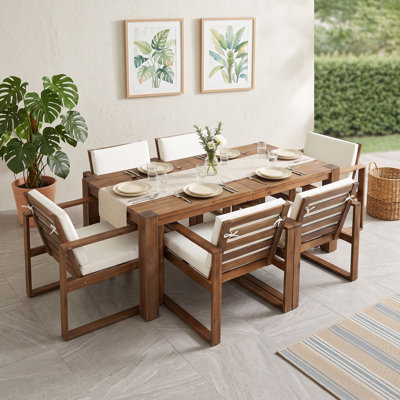 7-Piece Acacia Wood Patio Dining Set, Outdoor Dining Table and Chairs with Umbrella Hole and Cushions
