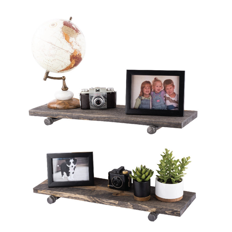 Hazle Solid Wood 24 inch Floating Shelf with Straight Brackets, Boulder Black