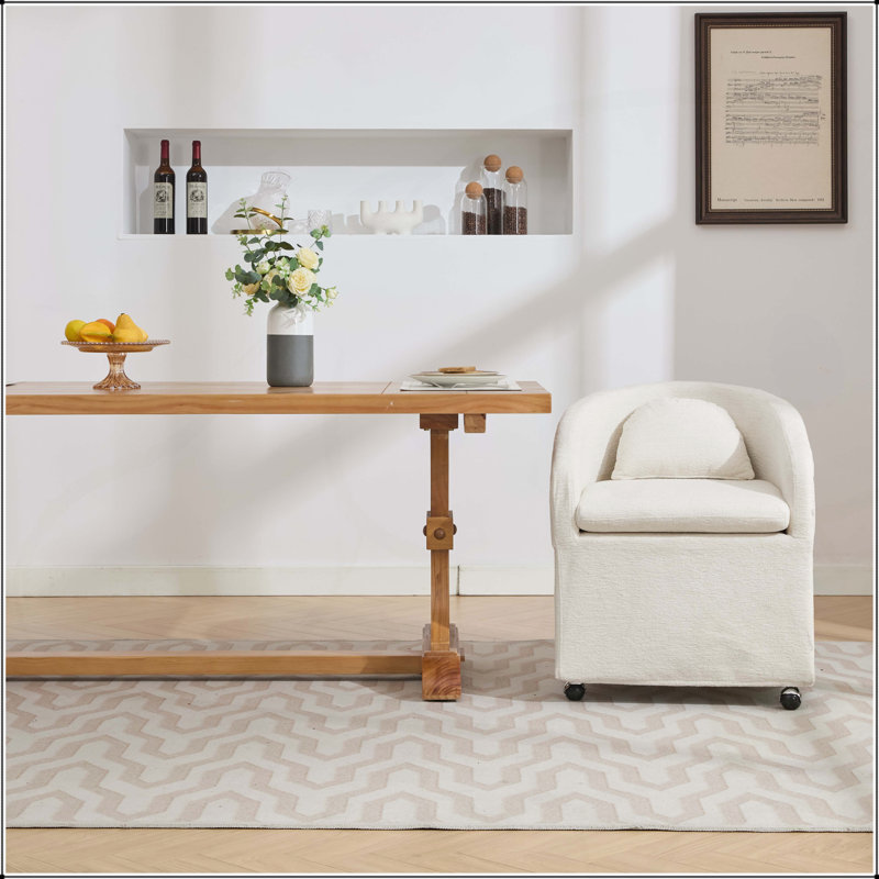 Fauteuil de salle à manger en chenille avec coussin de dossier et roues universelles en tissu, Chenille beige