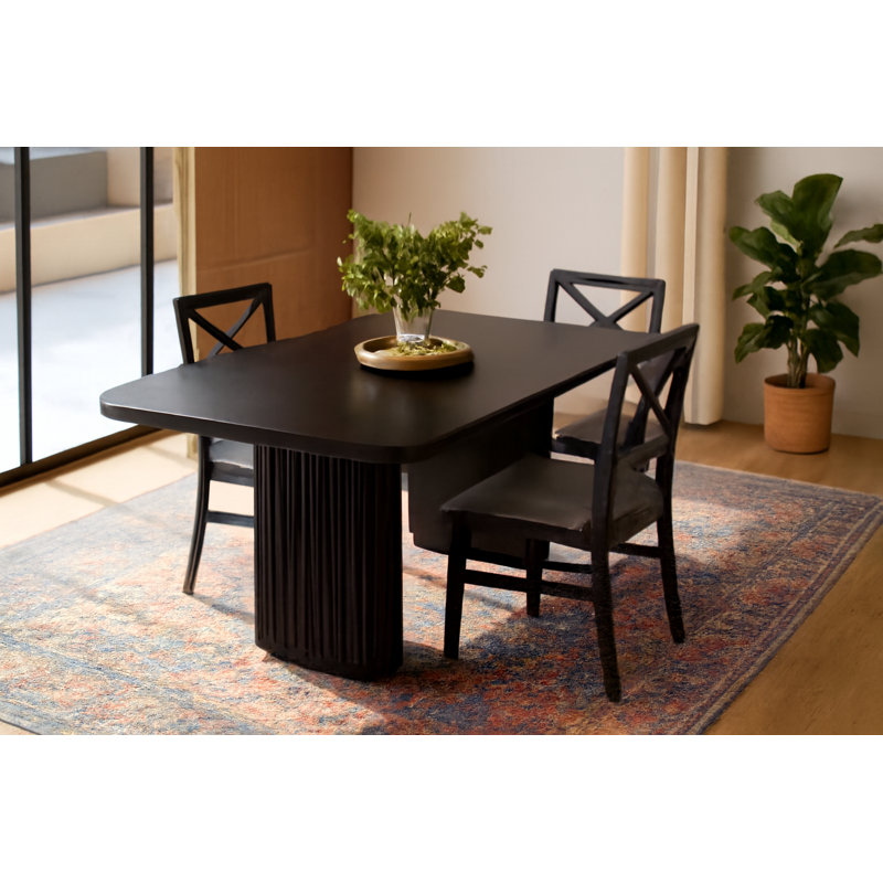 Solid Mango-Wood 80″ × 42″ Rectangular Dining Table for 8 – Matte-Black Fluted Pedestal Base, Modern Dining Room Table